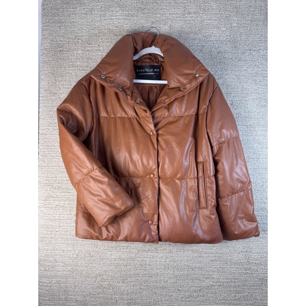 Bagatelle.NYC Womens Faux Leather Puffer Jacket Cognac Brown Funnel Neck XS